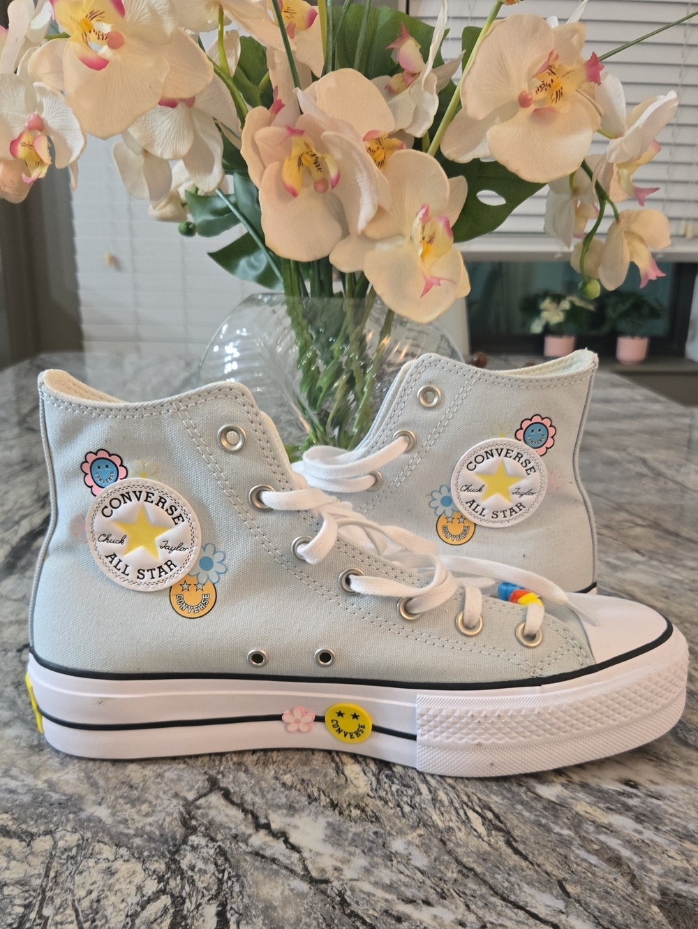 Converse Kids High Top Sneakers in Light Gray with Floral & Smiley Accents